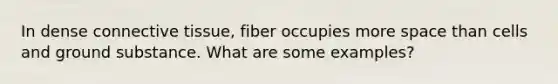 In dense connective tissue, fiber occupies more space than cells and ground substance. What are some examples?