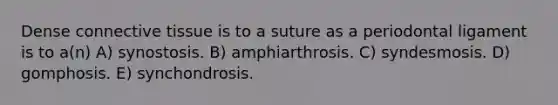 Dense <a href='https://www.questionai.com/knowledge/kYDr0DHyc8-connective-tissue' class='anchor-knowledge'>connective tissue</a> is to a suture as a periodontal ligament is to a(n) A) synostosis. B) amphiarthrosis. C) syndesmosis. D) gomphosis. E) synchondrosis.