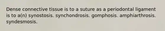 Dense connective tissue is to a suture as a periodontal ligament is to a(n) synostosis. synchondrosis. gomphosis. amphiarthrosis. syndesmosis.