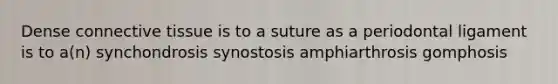 Dense connective tissue is to a suture as a periodontal ligament is to a(n) synchondrosis synostosis amphiarthrosis gomphosis