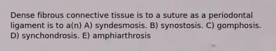 Dense fibrous <a href='https://www.questionai.com/knowledge/kYDr0DHyc8-connective-tissue' class='anchor-knowledge'>connective tissue</a> is to a suture as a periodontal ligament is to a(n) A) syndesmosis. B) synostosis. C) gomphosis. D) synchondrosis. E) amphiarthrosis