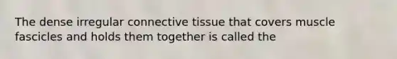 The dense irregular <a href='https://www.questionai.com/knowledge/kYDr0DHyc8-connective-tissue' class='anchor-knowledge'>connective tissue</a> that covers muscle fascicles and holds them together is called the