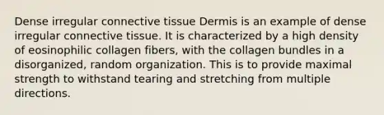 Dense irregular connective tissue Dermis is an example of dense irregular connective tissue. It is characterized by a high density of eosinophilic collagen fibers, with the collagen bundles in a disorganized, random organization. This is to provide maximal strength to withstand tearing and stretching from multiple directions.