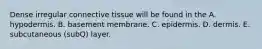 Dense irregular connective tissue will be found in the A. hypodermis. B. basement membrane. C. epidermis. D. dermis. E. subcutaneous (subQ) layer.