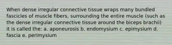 When dense irregular connective tissue wraps many bundled fascicles of muscle fibers, surrounding the entire muscle (such as the dense irregular connective tissue around the biceps brachii) it is called the: a. aponeurosis b. endomysium c. epimysium d. fascia e. perimysium