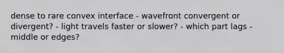 dense to rare convex interface - wavefront convergent or divergent? - light travels faster or slower? - which part lags - middle or edges?