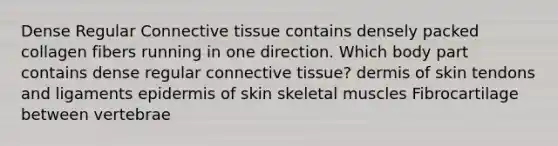 Dense Regular Connective tissue contains densely packed collagen fibers running in one direction. Which body part contains dense regular connective tissue? dermis of skin tendons and ligaments epidermis of skin skeletal muscles Fibrocartilage between vertebrae