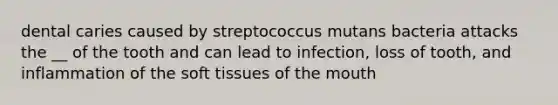 dental caries caused by streptococcus mutans bacteria attacks the __ of the tooth and can lead to infection, loss of tooth, and inflammation of the soft tissues of the mouth