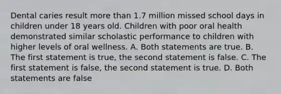 Dental caries result more than 1.7 million missed school days in children under 18 years old. Children with poor oral health demonstrated similar scholastic performance to children with higher levels of oral wellness. A. Both statements are true. B. The first statement is true, the second statement is false. C. The first statement is false, the second statement is true. D. Both statements are false