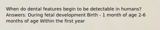 When do dental features begin to be detectable in humans? Answers: During fetal development Birth - 1 month of age 2-6 months of age Within the first year