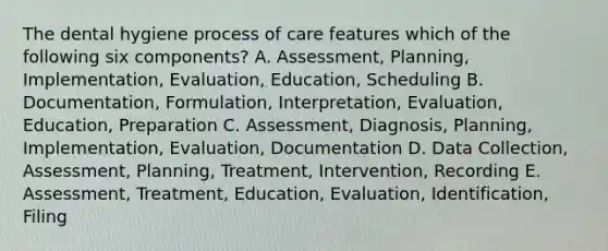 The dental hygiene process of care features which of the following six components? A. Assessment, Planning, Implementation, Evaluation, Education, Scheduling B. Documentation, Formulation, Interpretation, Evaluation, Education, Preparation C. Assessment, Diagnosis, Planning, Implementation, Evaluation, Documentation D. Data Collection, Assessment, Planning, Treatment, Intervention, Recording E. Assessment, Treatment, Education, Evaluation, Identification, Filing