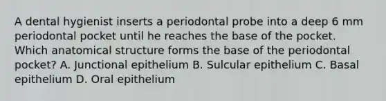 A dental hygienist inserts a periodontal probe into a deep 6 mm periodontal pocket until he reaches the base of the pocket. Which anatomical structure forms the base of the periodontal pocket? A. Junctional epithelium B. Sulcular epithelium C. Basal epithelium D. Oral epithelium