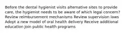 Before the dental hygienist visits alternative sites to provide care, the hygienist needs to be aware of which legal concern? Review reimbursement mechanisms Review supervision laws Adopt a new model of oral health delivery Receive additional education Join public health programs