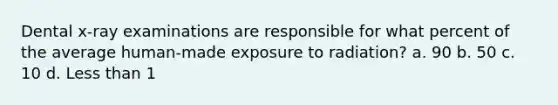 Dental x-ray examinations are responsible for what percent of the average human-made exposure to radiation? a. 90 b. 50 c. 10 d. Less than 1