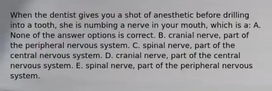 When the dentist gives you a shot of anesthetic before drilling into a tooth, she is numbing a nerve in your mouth, which is a: A. None of the answer options is correct. B. cranial nerve, part of the peripheral nervous system. C. spinal nerve, part of the central nervous system. D. cranial nerve, part of the central nervous system. E. spinal nerve, part of the peripheral nervous system.