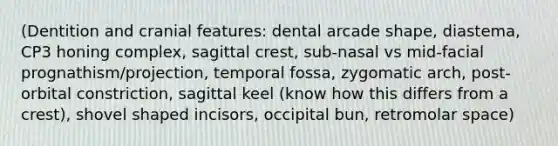 (Dentition and cranial features: dental arcade shape, diastema, CP3 honing complex, sagittal crest, sub-nasal vs mid-facial prognathism/projection, temporal fossa, zygomatic arch, post-orbital constriction, sagittal keel (know how this differs from a crest), shovel shaped incisors, occipital bun, retromolar space)