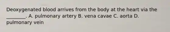 Deoxygenated blood arrives from the body at the heart via the​ ________. A. pulmonary artery B. vena cavae C. aorta D. pulmonary vein