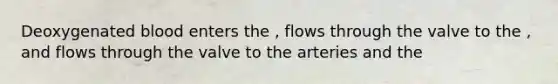 Deoxygenated blood enters the , flows through the valve to the , and flows through the valve to the arteries and the