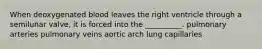 When deoxygenated blood leaves the right ventricle through a semilunar valve, it is forced into the __________. pulmonary arteries pulmonary veins aortic arch lung capillaries
