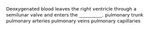 Deoxygenated blood leaves the right ventricle through a semilunar valve and enters the __________. pulmonary trunk pulmonary arteries pulmonary veins pulmonary capillaries