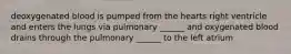 deoxygenated blood is pumped from the hearts right ventricle and enters the lungs via pulmonary ______ and oxygenated blood drains through the pulmonary ______ to the left atrium