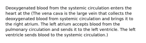 Deoxygenated blood from the systemic circulation enters <a href='https://www.questionai.com/knowledge/kya8ocqc6o-the-heart' class='anchor-knowledge'>the heart</a> at the (The vena cava is the large vein that collects the deoxygenated blood from systemic circulation and brings it to the right atrium. The left atrium accepts blood from the pulmonary circulation and sends it to the left ventricle. The left ventricle sends blood to the systemic circulation.)