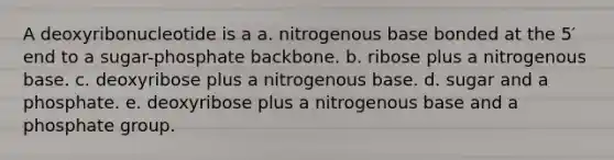 A deoxyribonucleotide is a a. nitrogenous base bonded at the 5′ end to a sugar-phosphate backbone. b. ribose plus a nitrogenous base. c. deoxyribose plus a nitrogenous base. d. sugar and a phosphate. e. deoxyribose plus a nitrogenous base and a phosphate group.