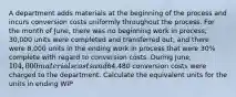 A department adds materials at the beginning of the process and incurs conversion costs uniformly throughout the process. For the month of June, there was no beginning work in process; 30,000 units were completed and transferred out; and there were 8,000 units in the ending work in process that were 30% complete with regard to conversion costs. During June, 104,000 materials costs and64,480 conversion costs were charged to the department. Calculate the equivalent units for the units in ending WIP