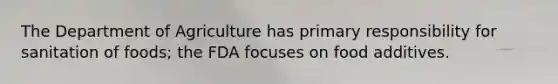 The Department of Agriculture has primary responsibility for sanitation of foods; the FDA focuses on food additives.