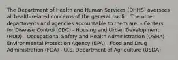 The Department of Health and Human Services (DHHS) oversees all health-related concerns of the general public. The other departments and agencies accountable to them are: - Centers for Disease Control (CDC) - Housing and Urban Development (HUD) - Occupational Safety and Health Administration (OSHA) - Environmental Protection Agency (EPA) - Food and Drug Administration (FDA) - U.S. Department of Agriculture (USDA)