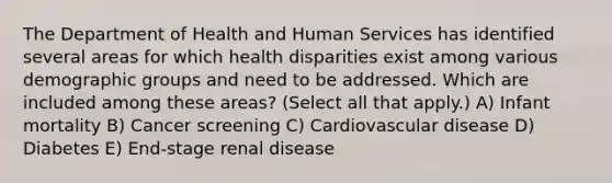 The Department of Health and Human Services has identified several areas for which health disparities exist among various demographic groups and need to be addressed. Which are included among these areas? (Select all that apply.) A) Infant mortality B) Cancer screening C) Cardiovascular disease D) Diabetes E) End-stage renal disease