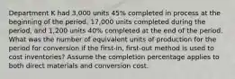 Department K had 3,000 units 45% completed in process at the beginning of the period, 17,000 units completed during the period, and 1,200 units 40% completed at the end of the period. What was the number of equivalent units of production for the period for conversion if the first-in, first-out method is used to cost inventories? Assume the completion percentage applies to both direct materials and conversion cost.