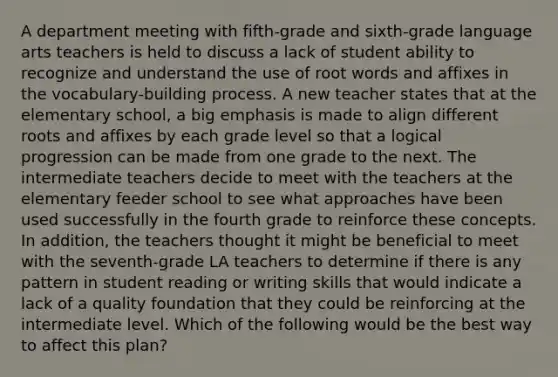 A department meeting with fifth-grade and sixth-grade language arts teachers is held to discuss a lack of student ability to recognize and understand the use of root words and affixes in the vocabulary-building process. A new teacher states that at the elementary school, a big emphasis is made to align different roots and affixes by each grade level so that a logical progression can be made from one grade to the next. The intermediate teachers decide to meet with the teachers at the elementary feeder school to see what approaches have been used successfully in the fourth grade to reinforce these concepts. In addition, the teachers thought it might be beneficial to meet with the seventh-grade LA teachers to determine if there is any pattern in student reading or writing skills that would indicate a lack of a quality foundation that they could be reinforcing at the intermediate level. Which of the following would be the best way to affect this plan?