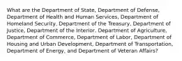 What are the Department of State, Department of Defense, Department of Health and Human Services, Department of Homeland Security, Department of the Treasury, Department of Justice, Department of the Interior, Department of Agriculture, Department of Commerce, Department of Labor, Department of Housing and Urban Development, Department of Transportation, Department of Energy, and Department of Veteran Affairs?