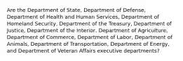 Are the Department of State, Department of Defense, Department of Health and Human Services, Department of Homeland Security, Department of the Treasury, Department of Justice, Department of the Interior, Department of Agriculture, Department of Commerce, Department of Labor, Department of Animals, Department of Transportation, Department of Energy, and Department of Veteran Affairs executive departments?