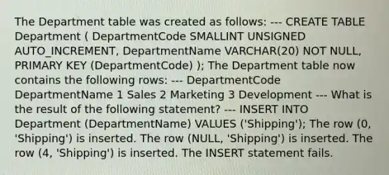 The Department table was created as follows: --- CREATE TABLE Department ( DepartmentCode SMALLINT UNSIGNED AUTO_INCREMENT, DepartmentName VARCHAR(20) NOT NULL, PRIMARY KEY (DepartmentCode) ); The Department table now contains the following rows: --- DepartmentCode DepartmentName 1 Sales 2 Marketing 3 Development --- What is the result of the following statement? --- INSERT INTO Department (DepartmentName) VALUES ('Shipping'); The row (0, 'Shipping') is inserted. The row (NULL, 'Shipping') is inserted. The row (4, 'Shipping') is inserted. The INSERT statement fails.