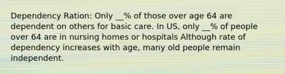 Dependency Ration: Only __% of those over age 64 are dependent on others for basic care. In US, only __% of people over 64 are in nursing homes or hospitals Although rate of dependency increases with age, many old people remain independent.