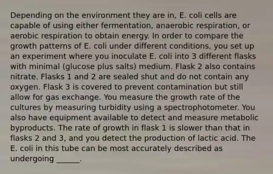 Depending on the environment they are in, E. coli cells are capable of using either fermentation, an<a href='https://www.questionai.com/knowledge/kyxGdbadrV-aerobic-respiration' class='anchor-knowledge'>aerobic respiration</a>, or aerobic respiration to obtain energy. In order to compare the growth patterns of E. coli under different conditions, you set up an experiment where you inoculate E. coli into 3 different flasks with minimal (glucose plus salts) medium. Flask 2 also contains nitrate. Flasks 1 and 2 are sealed shut and do not contain any oxygen. Flask 3 is covered to prevent contamination but still allow for <a href='https://www.questionai.com/knowledge/kU8LNOksTA-gas-exchange' class='anchor-knowledge'>gas exchange</a>. You measure the growth rate of the cultures by measuring turbidity using a spectrophotometer. You also have equipment available to detect and measure metabolic byproducts. The rate of growth in flask 1 is slower than that in flasks 2 and 3, and you detect the production of lactic acid. The E. coli in this tube can be most accurately described as undergoing ______.