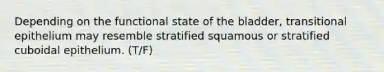 Depending on the functional state of the bladder, transitional epithelium may resemble stratified squamous or stratified cuboidal epithelium. (T/F)