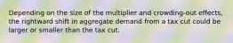 Depending on the size of the multiplier and crowding-out effects, the rightward shift in aggregate demand from a tax cut could be larger or smaller than the tax cut.