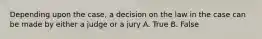 Depending upon the case, a decision on the law in the case can be made by either a judge or a jury A. True B. False