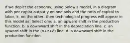 If we depict the economy, using Solow's model, in a diagram with per capita output y on one axis and the ratio of capital to labor, k, on the other, then technological progress will appear in this model as: Select one: a. an upward shift in the production function. b. a downward shift in the depreciation line. c. an upward shift in the (n+z+δ) line. d. a downward shift in the production function.