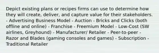 Depict existing plans or recipes firms can use to determine how they will create, deliver, and capture value for their stakeholders. - Advertising Business Model - Auction - Bricks and Clicks (both offline and online) - Franchise - Freemium Model - Low-Cost (SW airlines, Greyhound) - Manufacturer/ Retailer - Peer-to-peer - Razor and Blades (gaming consoles and games) - Subscription - Traditional Retailer