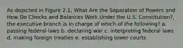 As depicted in Figure 2.1, What Are the Separation of Powers and How Do Checks and Balances Work Under the U.S. Constitution?, the executive branch is in charge of which of the following? a. passing federal laws b. declaring war c. interpreting federal laws d. making foreign treaties e. establishing lower courts