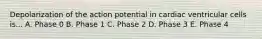 Depolarization of the action potential in cardiac ventricular cells is... A. Phase 0 B. Phase 1 C. Phase 2 D. Phase 3 E. Phase 4