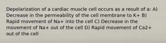 Depolarization of a cardiac muscle cell occurs as a result of a: A) Decrease in the permeability of the cell membrane to K+ B) Rapid movement of Na+ into the cell C) Decrease in the movement of Na+ out of the cell D) Rapid movement of Ca2+ out of the cell