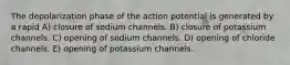 The depolarization phase of the action potential is generated by a rapid A) closure of sodium channels. B) closure of potassium channels. C) opening of sodium channels. D) opening of chloride channels. E) opening of potassium channels.