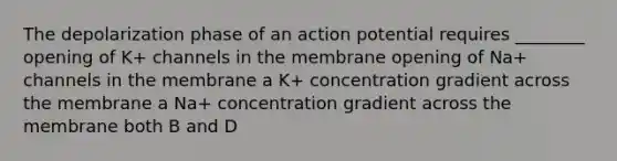 The depolarization phase of an action potential requires ________ opening of K+ channels in the membrane opening of Na+ channels in the membrane a K+ concentration gradient across the membrane a Na+ concentration gradient across the membrane both B and D