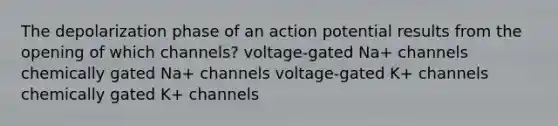 The depolarization phase of an action potential results from the opening of which channels? voltage-gated Na+ channels chemically gated Na+ channels voltage-gated K+ channels chemically gated K+ channels