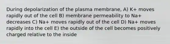 During depolarization of the plasma membrane, A) K+ moves rapidly out of the cell B) membrane permeability to Na+ decreases C) Na+ moves rapidly out of the cell D) Na+ moves rapidly into the cell E) the outside of the cell becomes positively charged relative to the inside